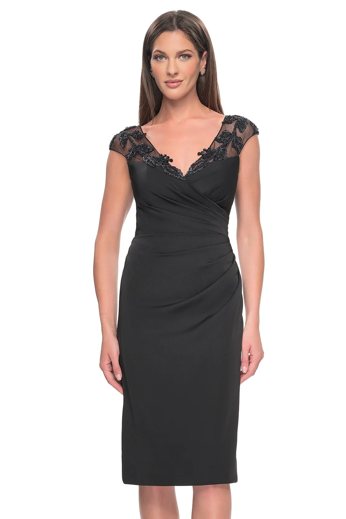 La Femme - 31839 - Chic Midi Satin Dress with Beaded Leaf Embellishments