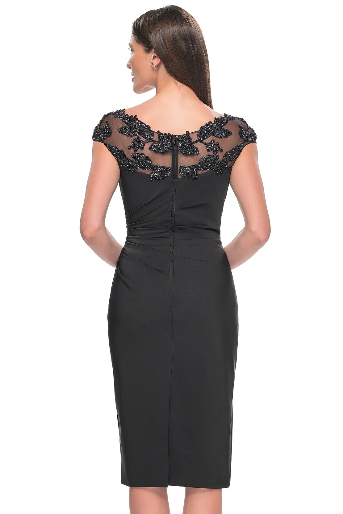 La Femme - 31839 - Chic Midi Satin Dress with Beaded Leaf Embellishments