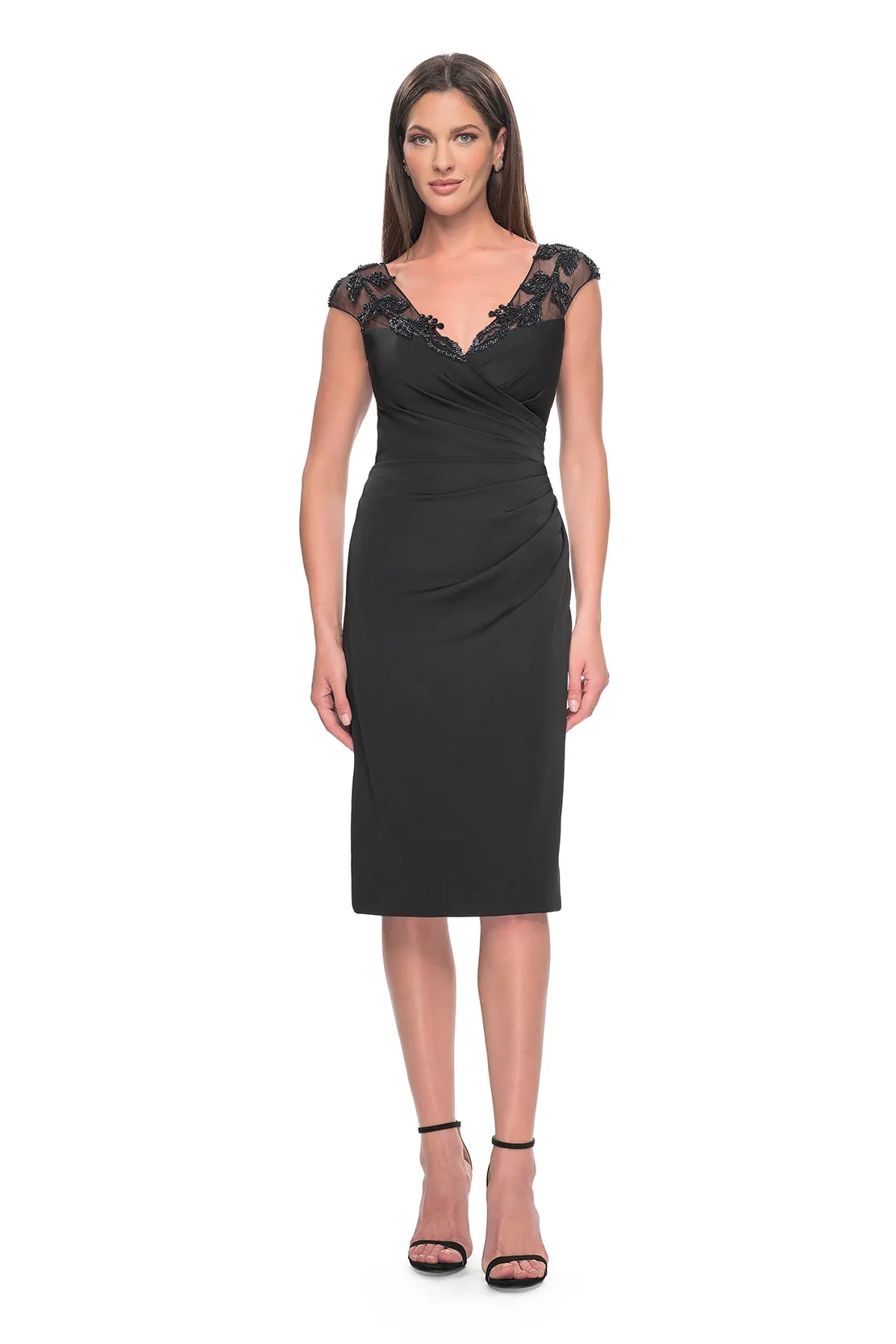 La Femme - 31839 - Chic Midi Satin Dress with Beaded Leaf Embellishments