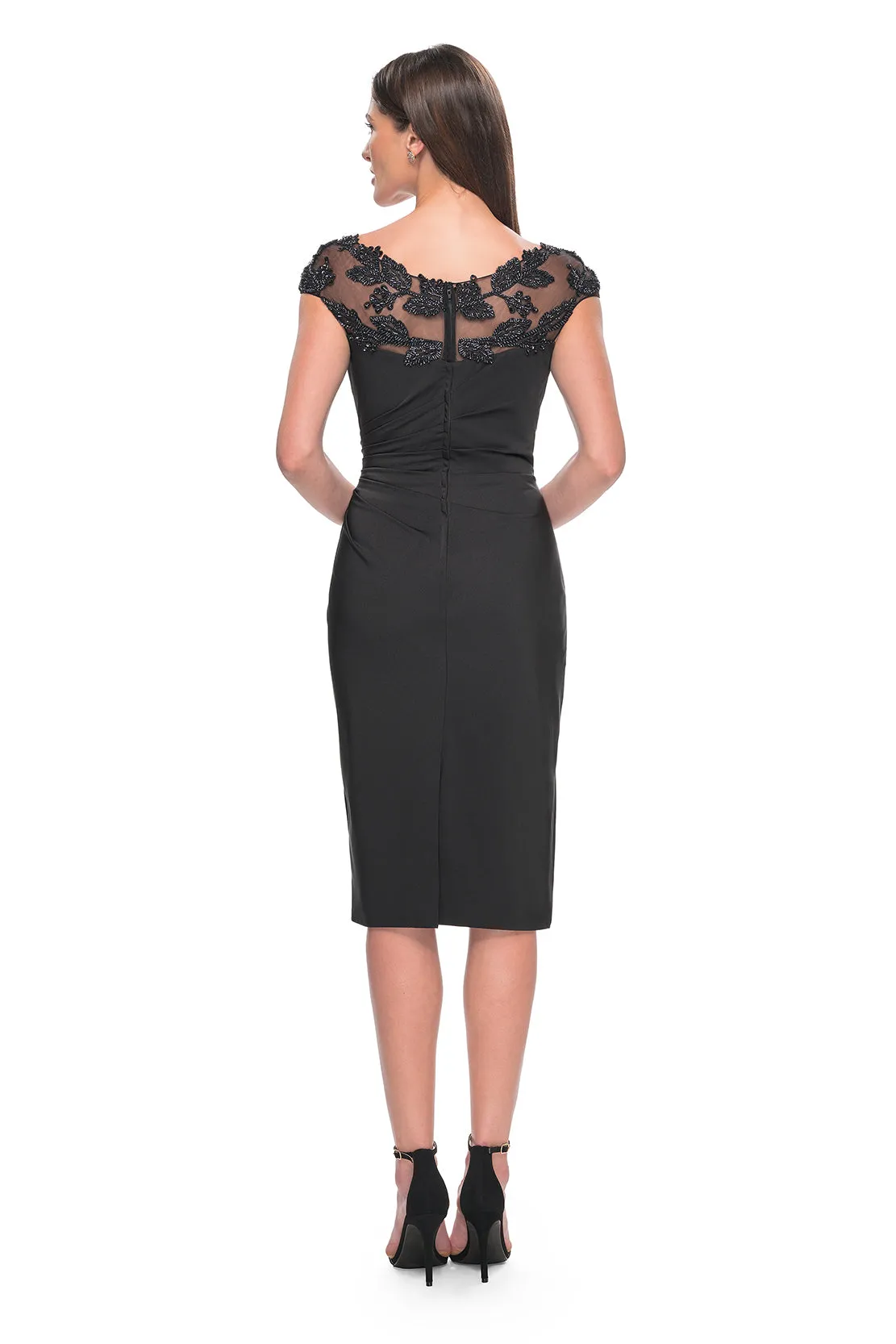 La Femme - 31839 - Chic Midi Satin Dress with Beaded Leaf Embellishments