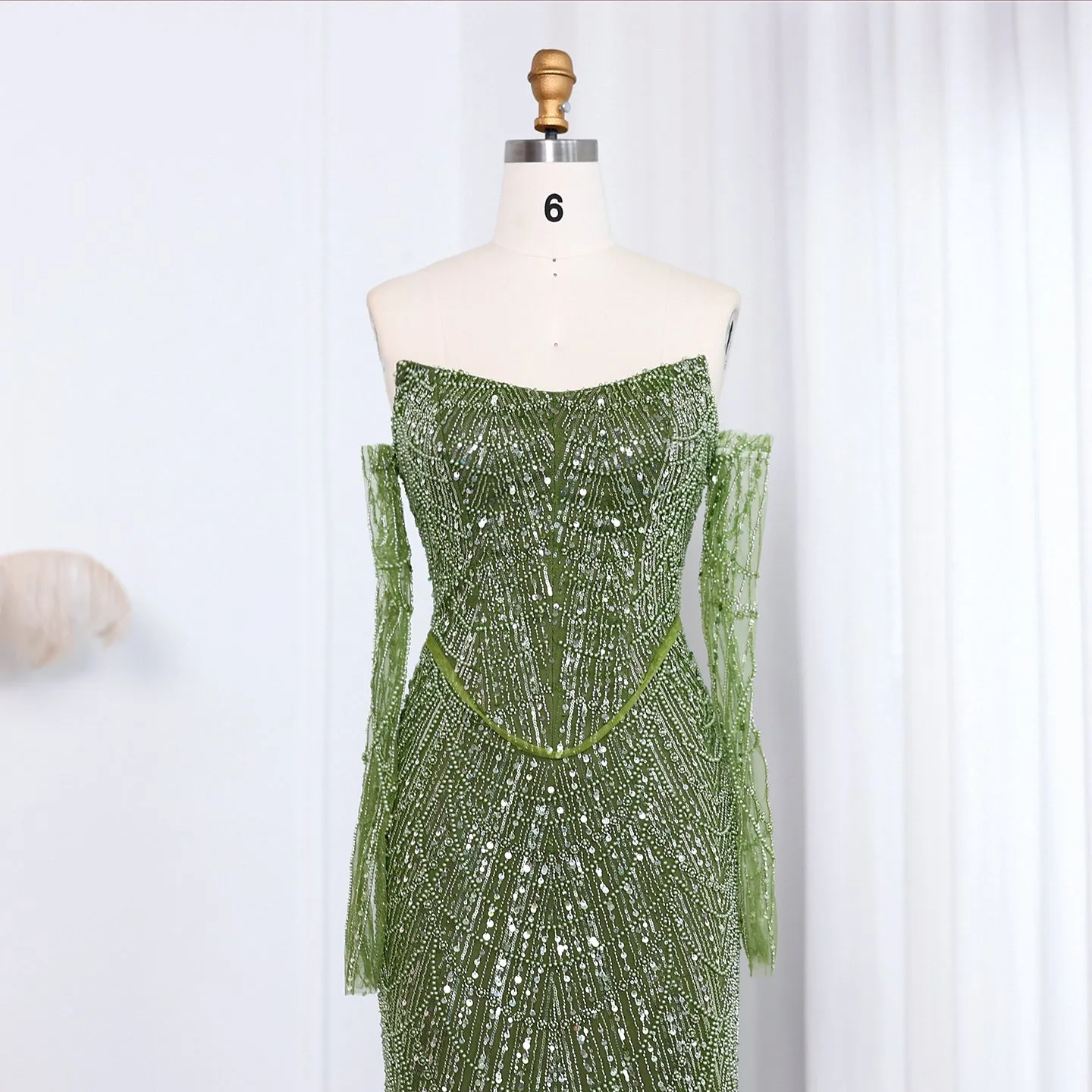 Luxury Beaded Black Strapless Evening Dress with Sleeves SS113