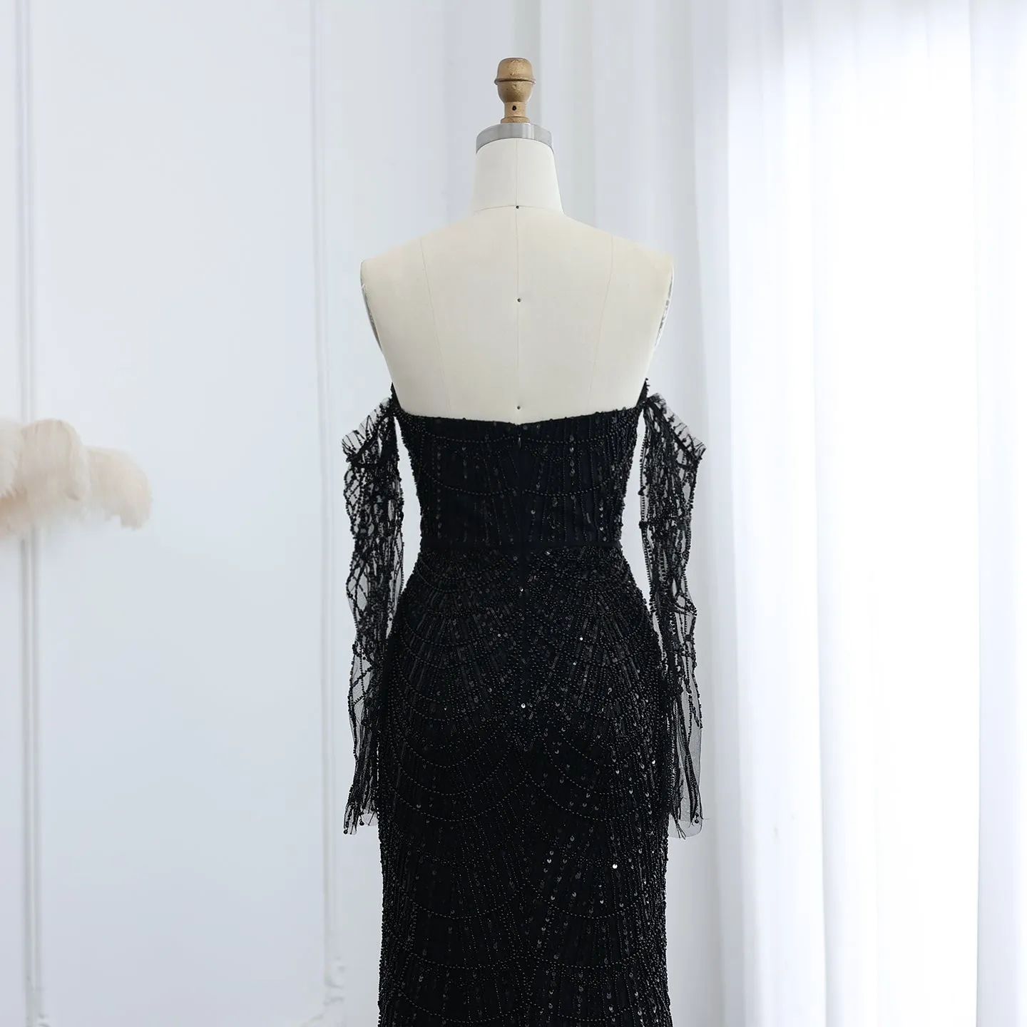 Luxury Beaded Black Strapless Evening Dress with Sleeves SS113