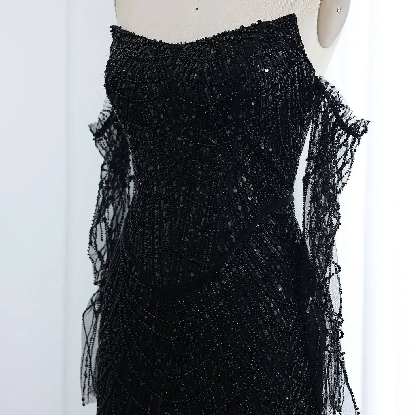Luxury Beaded Black Strapless Evening Dress with Sleeves SS113