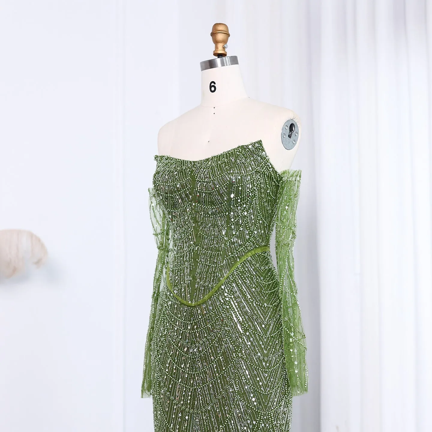 Luxury Beaded Black Strapless Evening Dress with Sleeves SS113