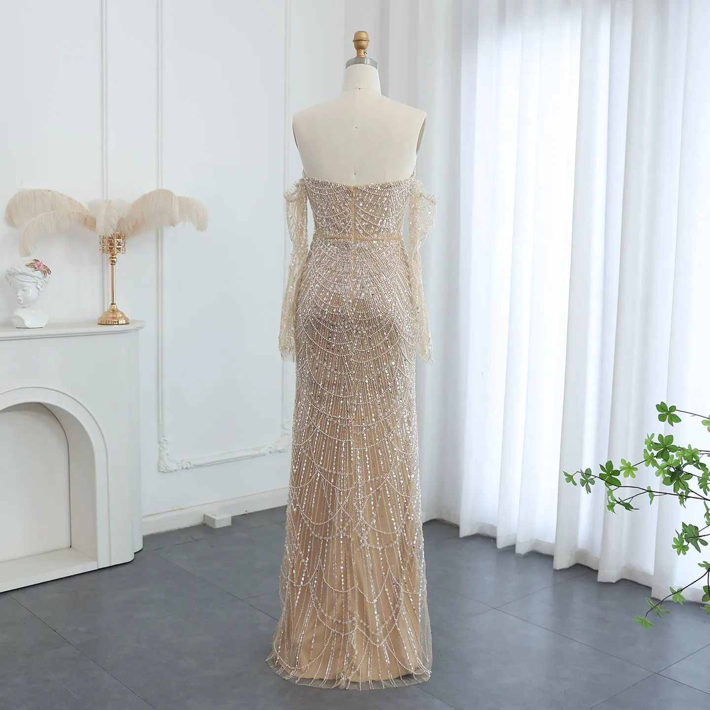 Luxury Beaded Black Strapless Evening Dress with Sleeves SS113
