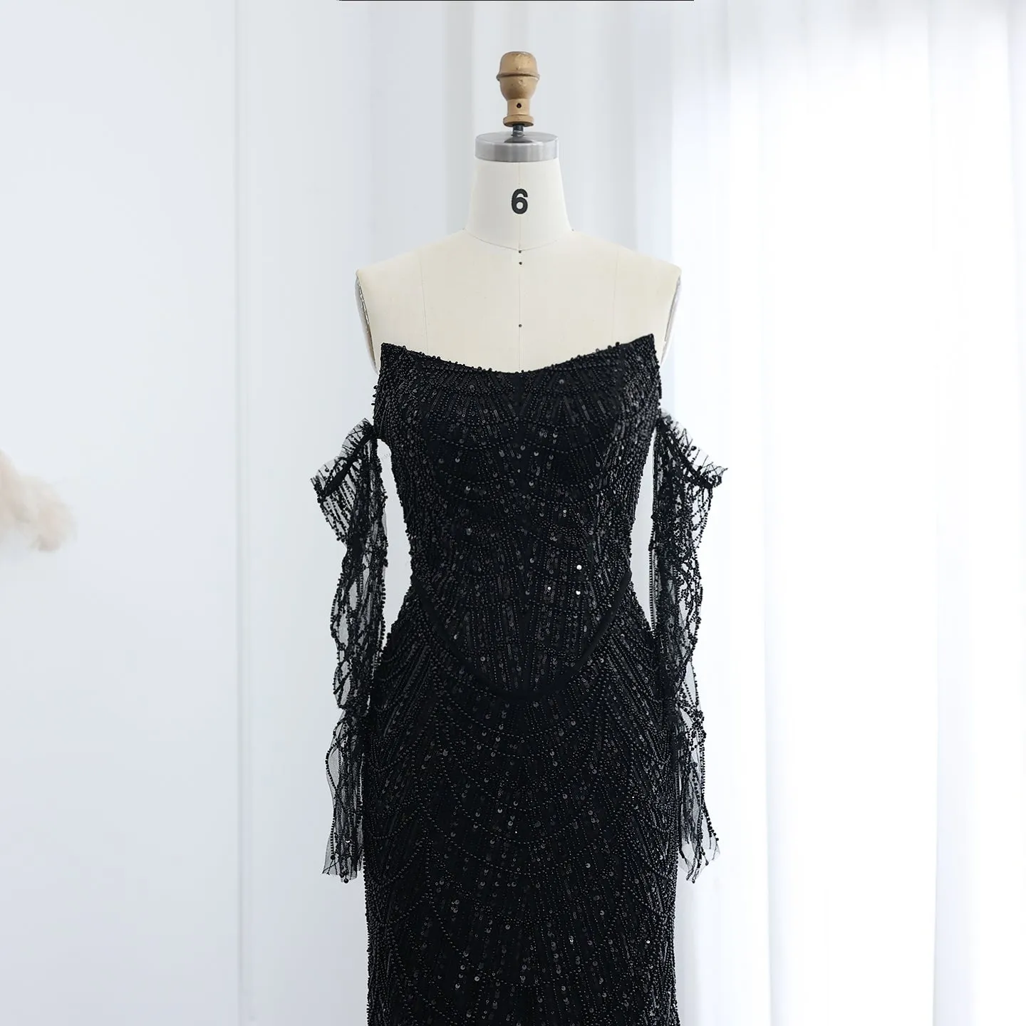 Luxury Beaded Black Strapless Evening Dress with Sleeves SS113