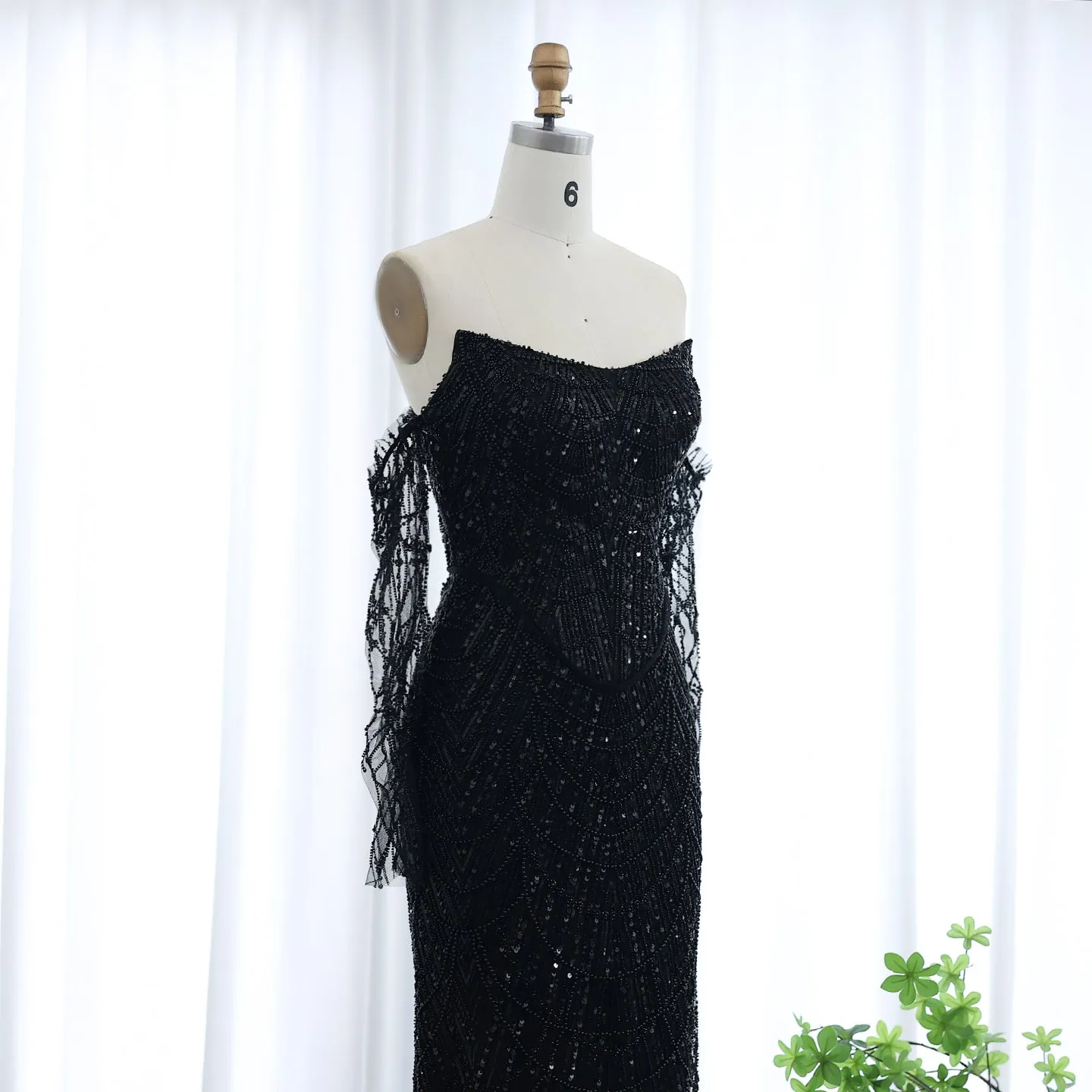 Luxury Beaded Black Strapless Evening Dress with Sleeves SS113