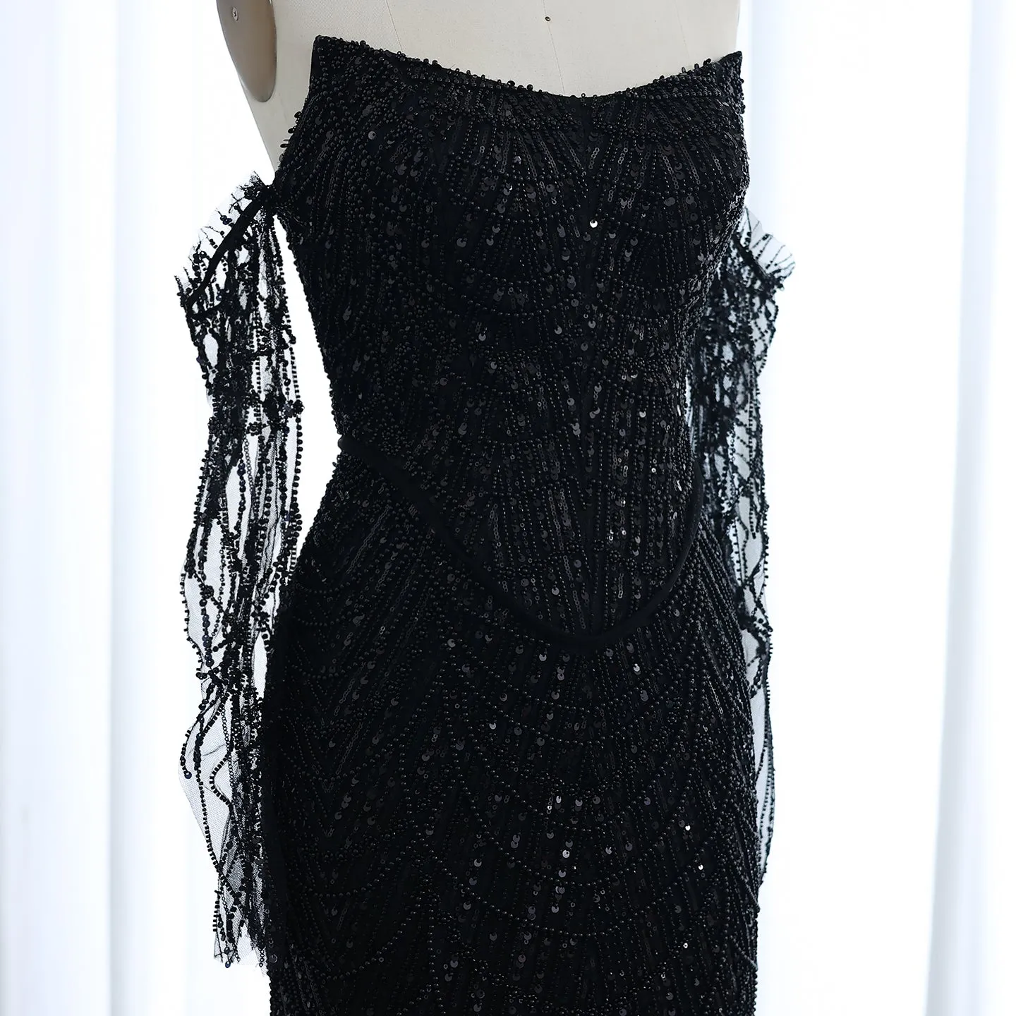 Luxury Beaded Black Strapless Evening Dress with Sleeves SS113