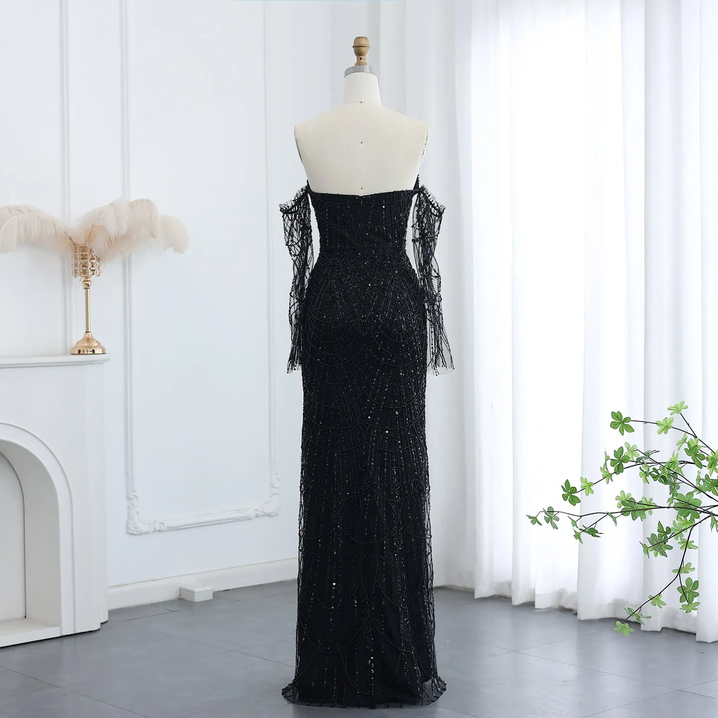 Luxury Beaded Black Strapless Evening Dress with Sleeves SS113