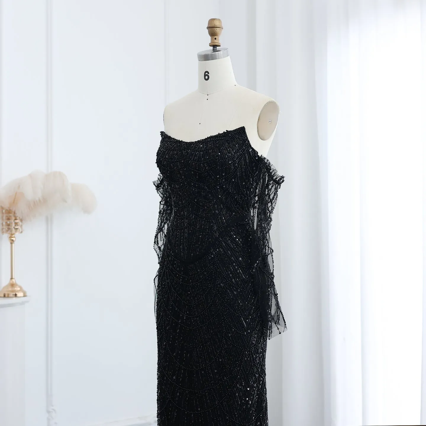 Luxury Beaded Black Strapless Evening Dress with Sleeves SS113