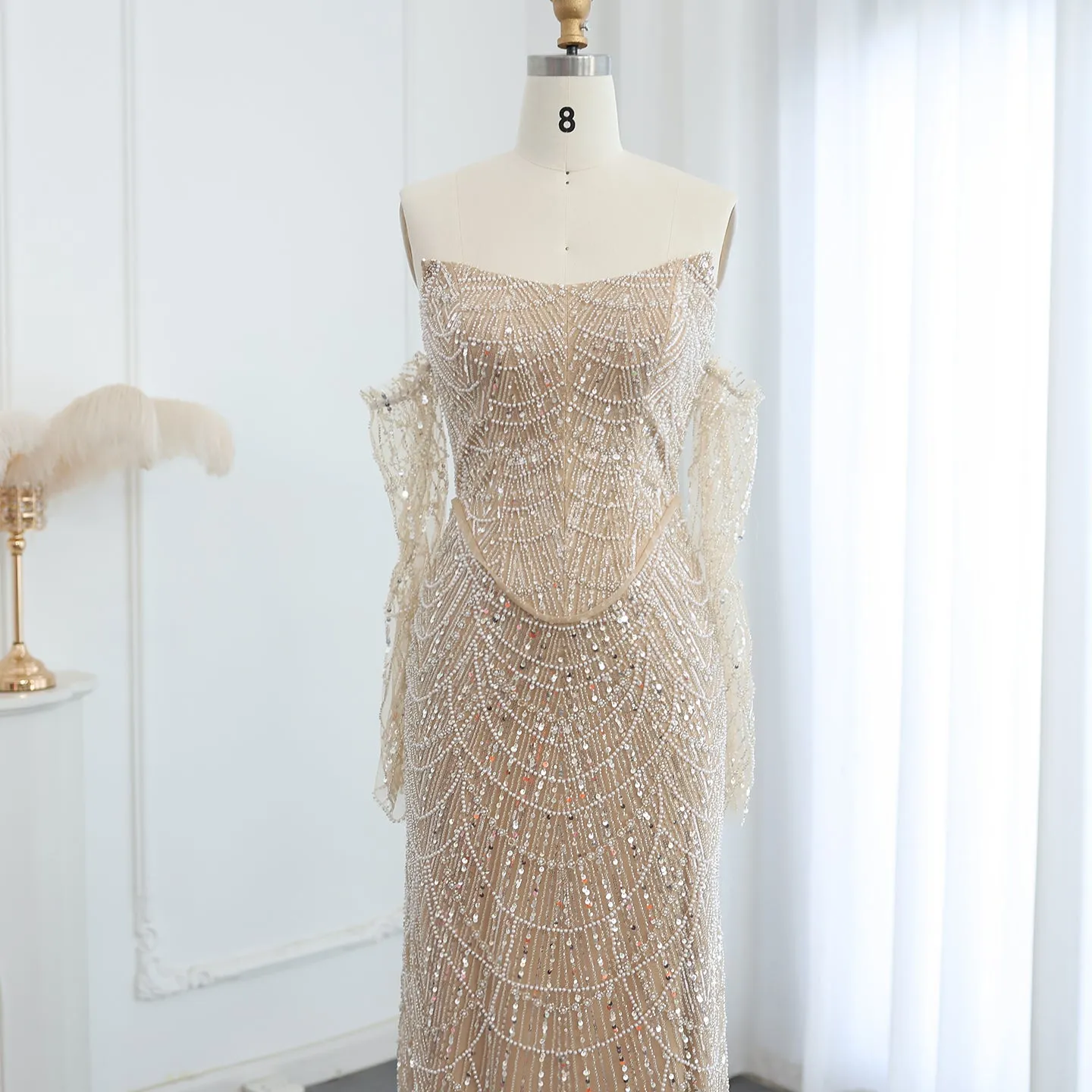 Luxury Beaded Black Strapless Evening Dress with Sleeves SS113