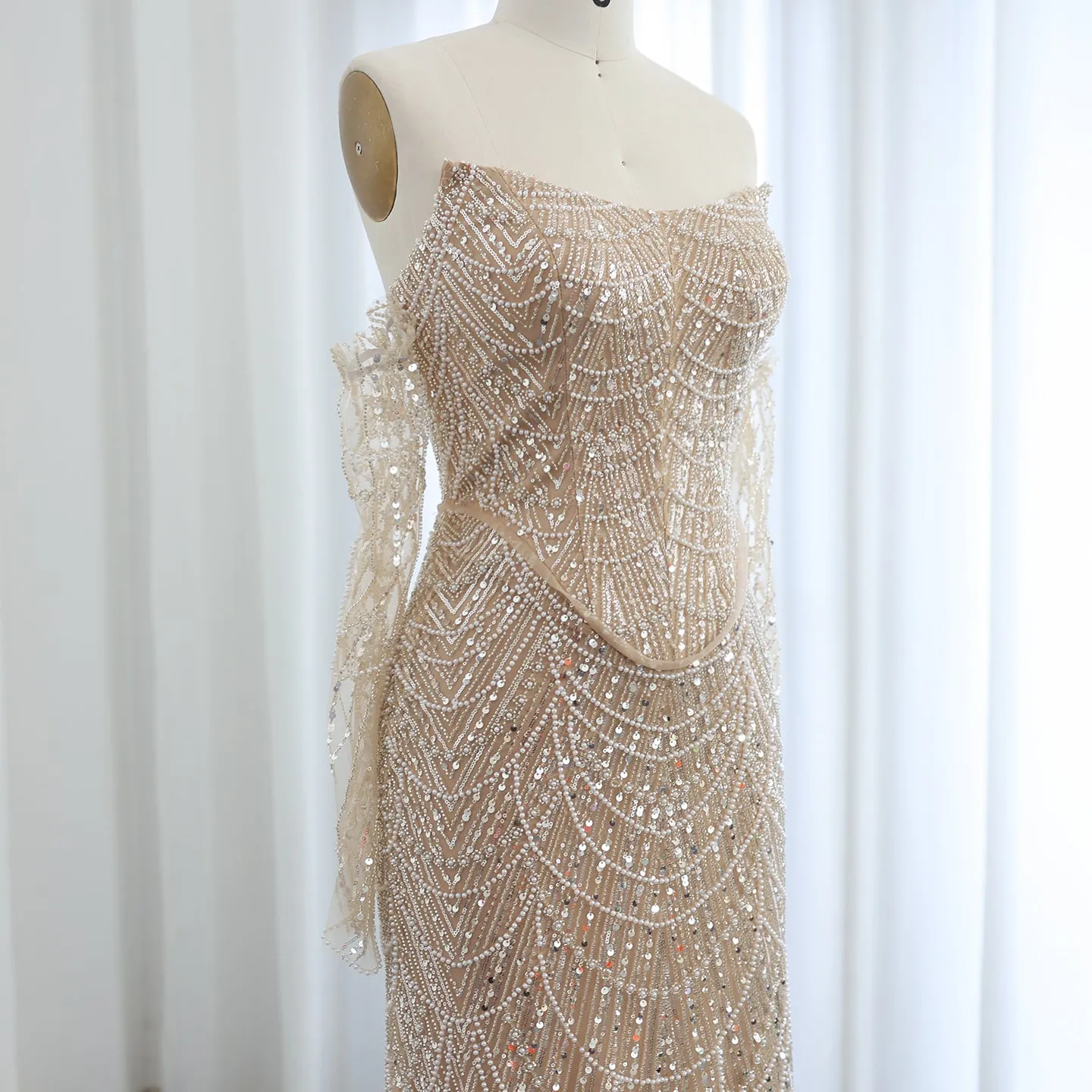 Luxury Beaded Black Strapless Evening Dress with Sleeves SS113