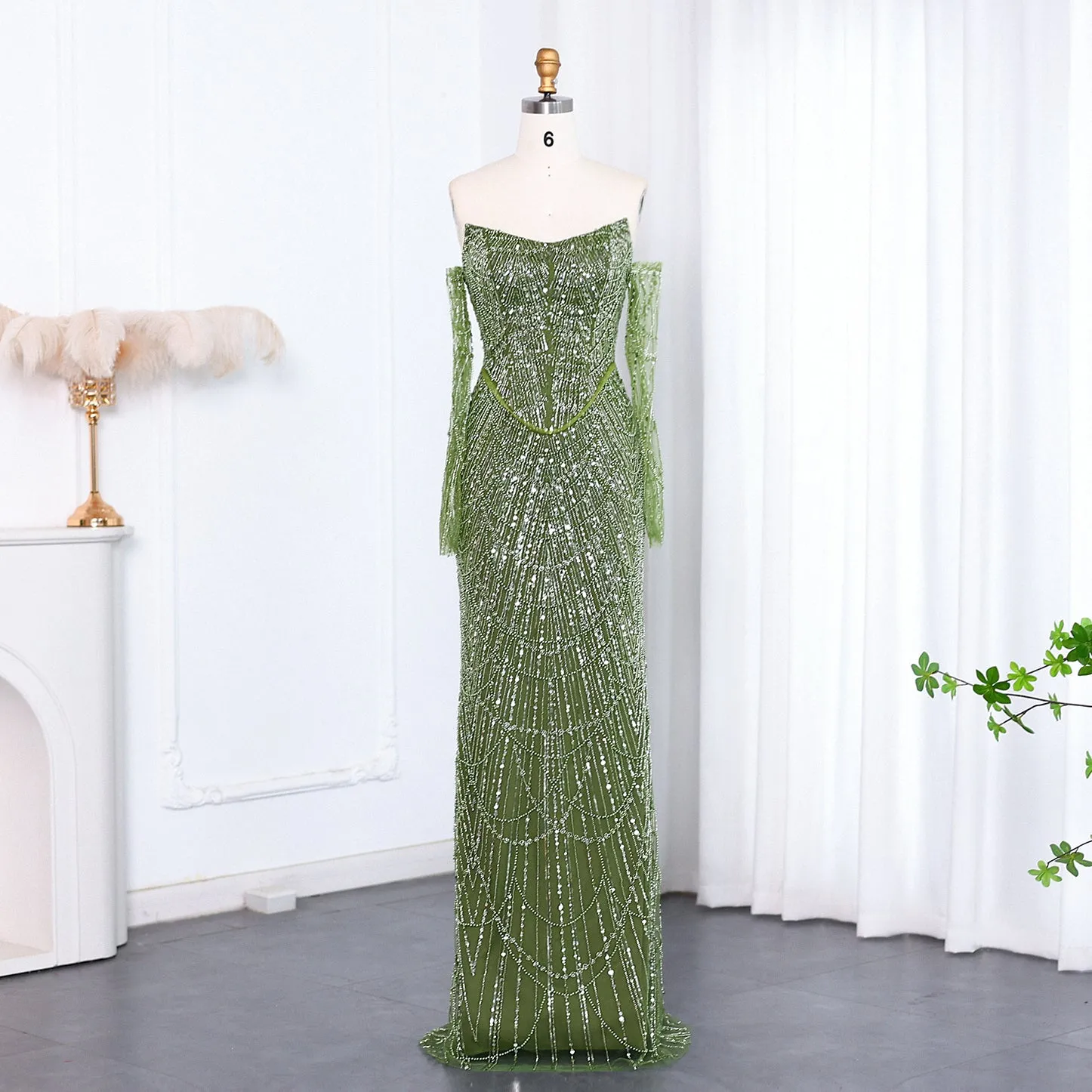 Luxury Beaded Black Strapless Evening Dress with Sleeves SS113