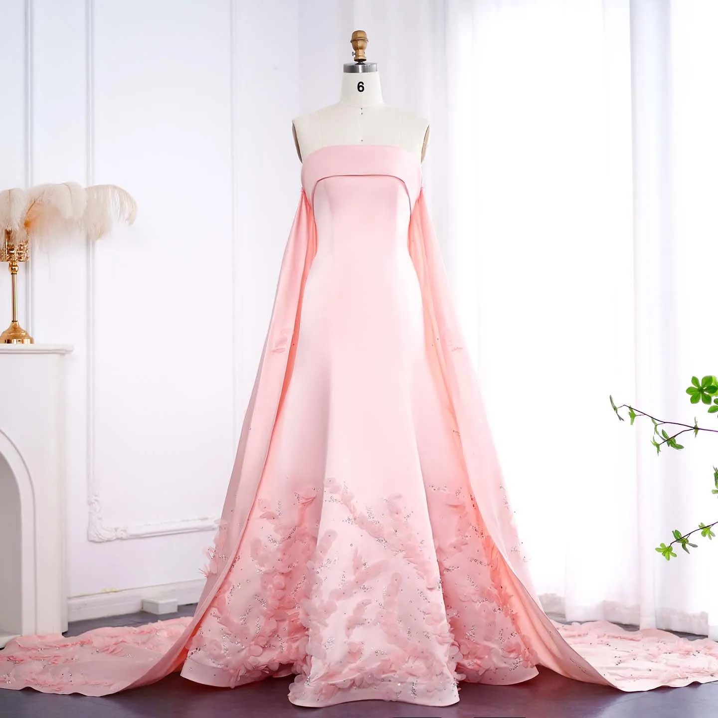 Luxury Crystal 3D Leaves Sage Green Evening Dress with Cape SS449