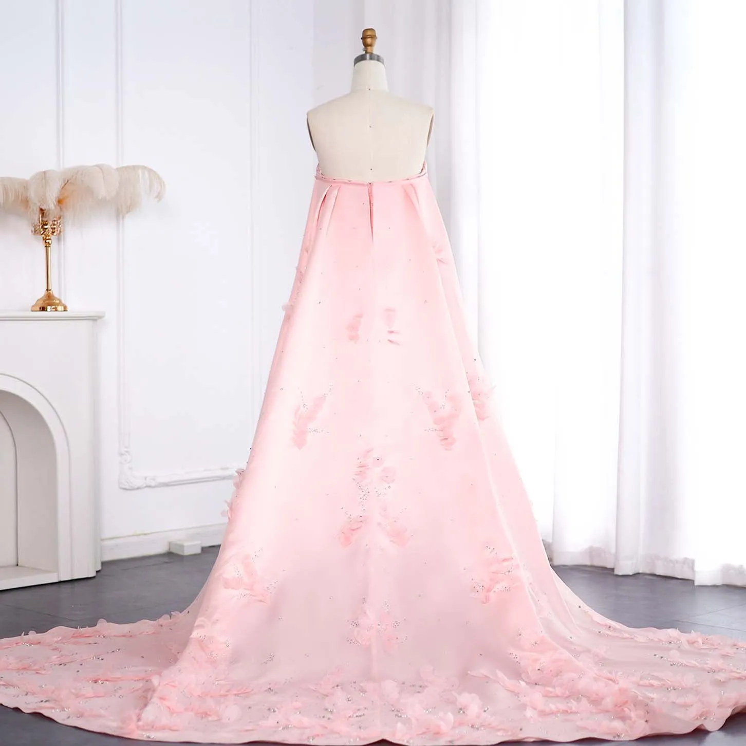 Luxury Crystal 3D Leaves Sage Green Evening Dress with Cape SS449