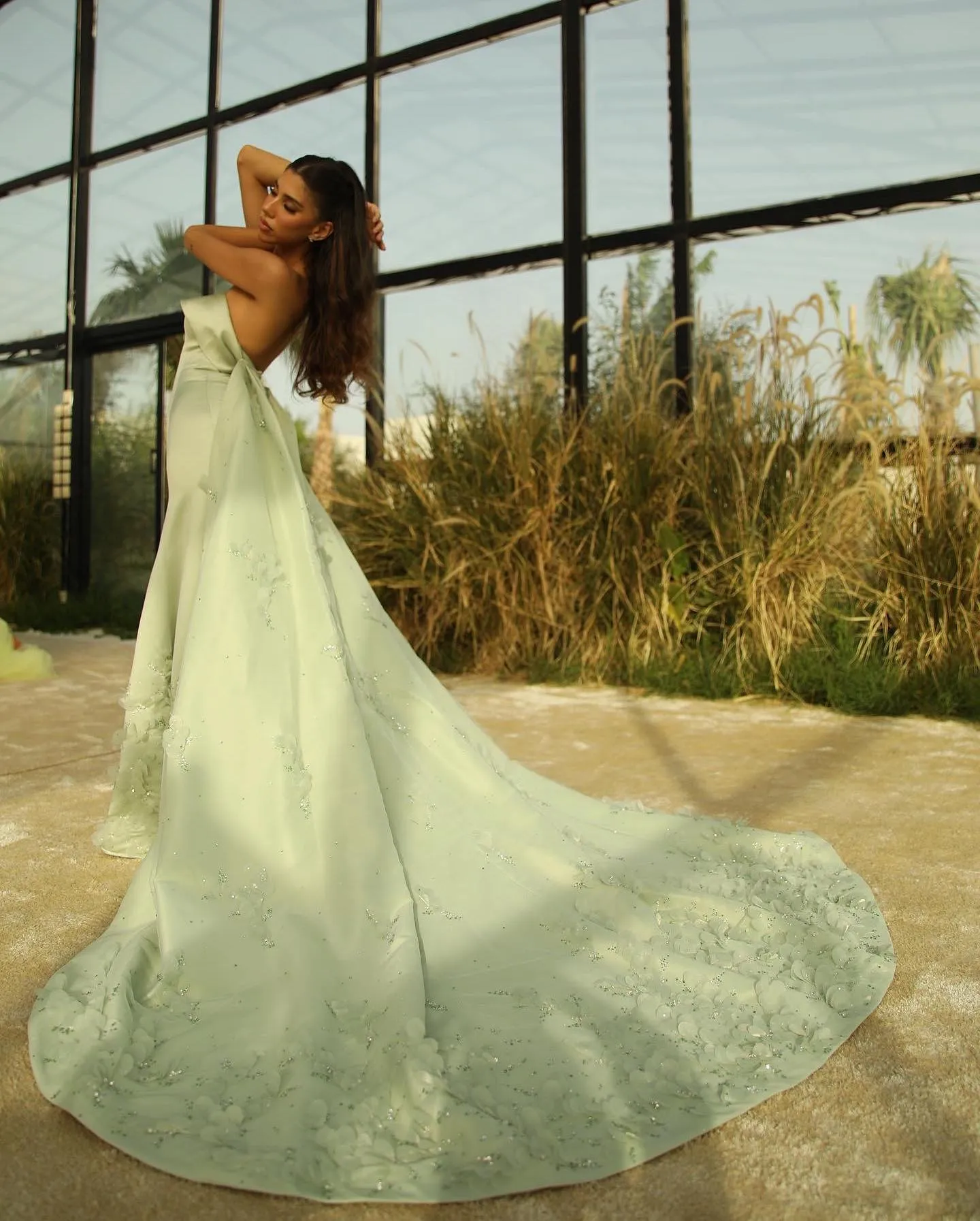 Luxury Crystal 3D Leaves Sage Green Evening Dress with Cape SS449
