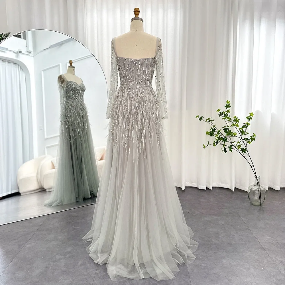 Luxury Feathers Lilac Long Sleeve Evening Dress SS351