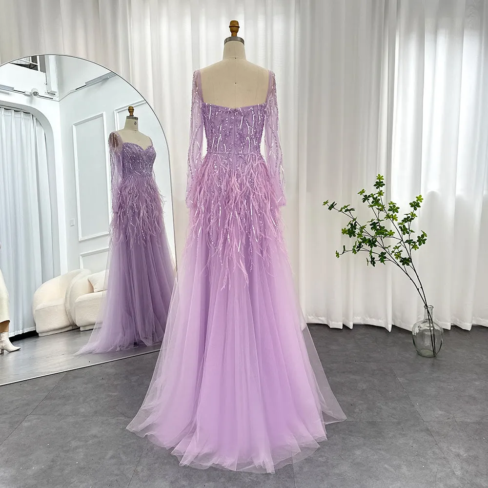 Luxury Feathers Lilac Long Sleeve Evening Dress SS351