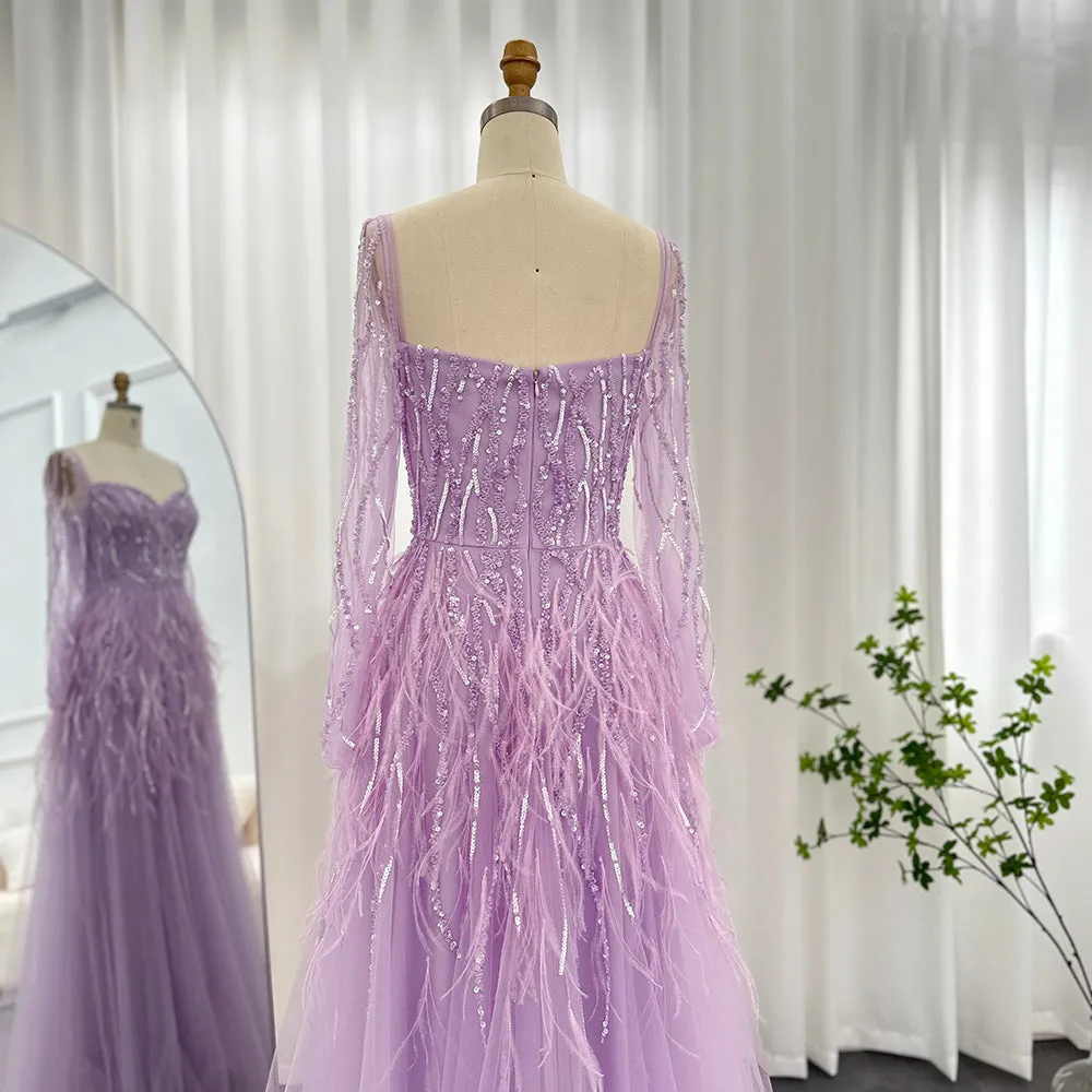 Luxury Feathers Lilac Long Sleeve Evening Dress SS351