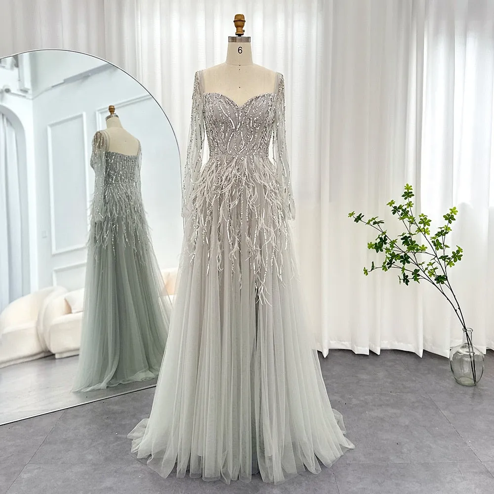 Luxury Feathers Lilac Long Sleeve Evening Dress SS351