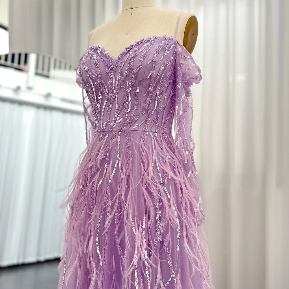 Luxury Feathers Lilac Long Sleeve Evening Dress SS351