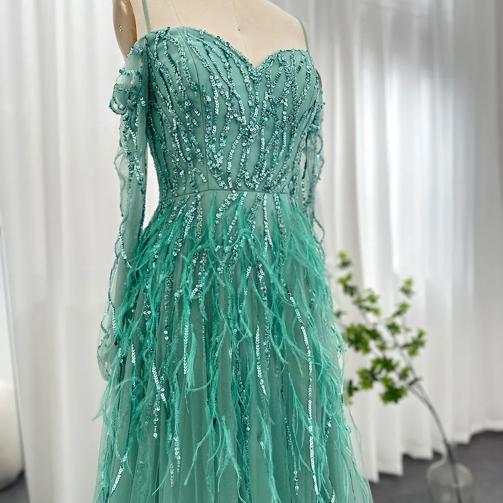 Luxury Feathers Lilac Long Sleeve Evening Dress SS351