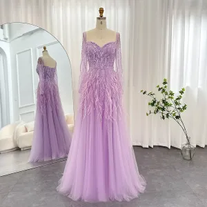 Luxury Feathers Lilac Long Sleeve Evening Dress SS351