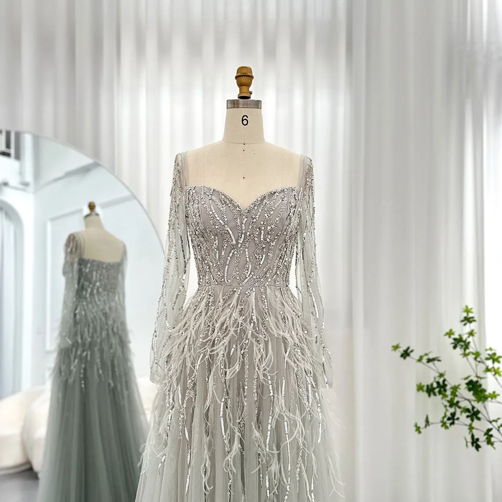 Luxury Feathers Lilac Long Sleeve Evening Dress SS351