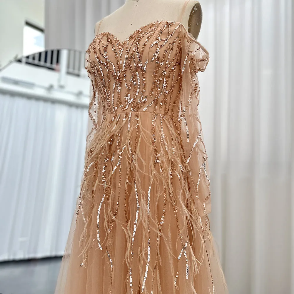 Luxury Feathers Lilac Long Sleeve Evening Dress SS351
