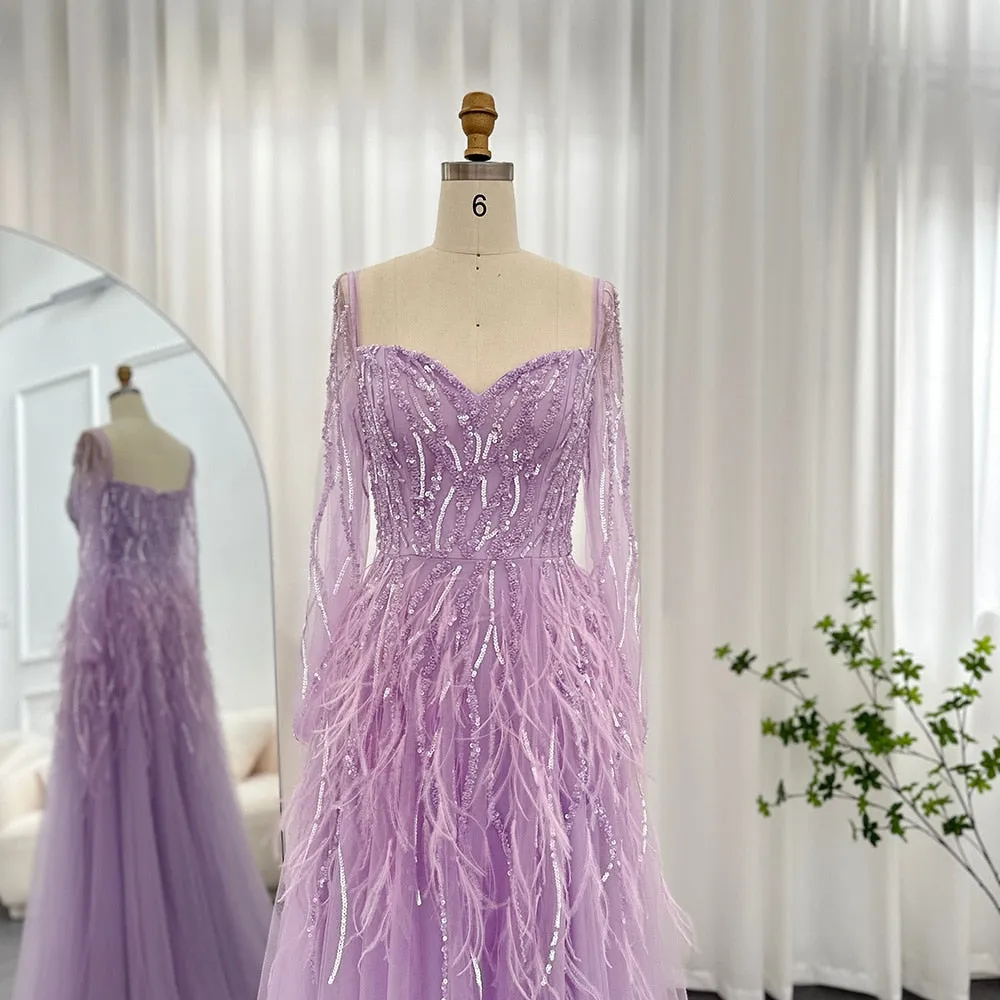 Luxury Feathers Lilac Long Sleeve Evening Dress SS351
