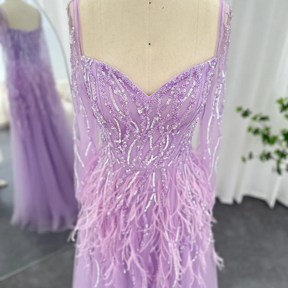 Luxury Feathers Lilac Long Sleeve Evening Dress SS351