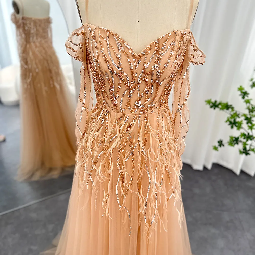 Luxury Feathers Lilac Long Sleeve Evening Dress SS351