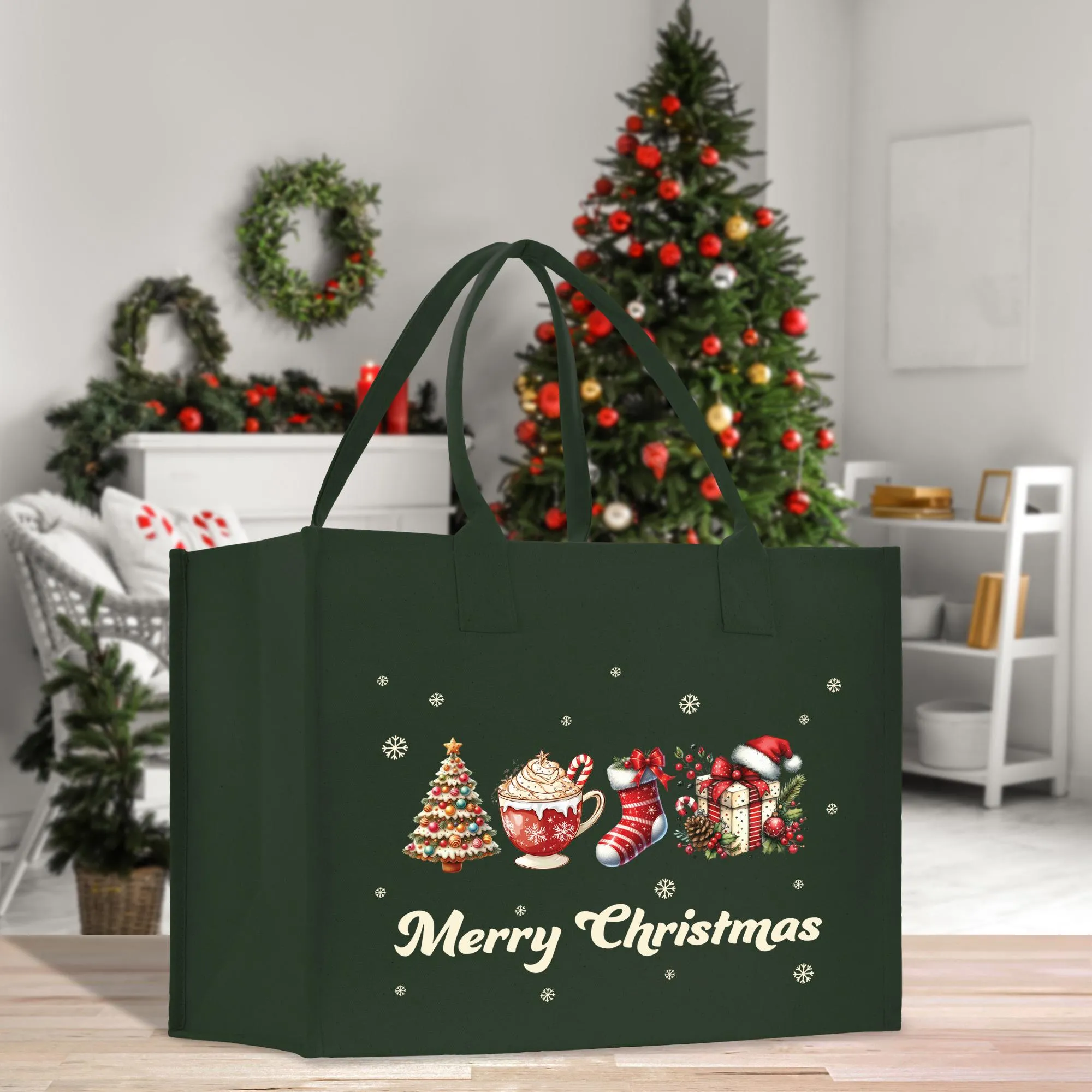 Merry Christmas Cotton Canvas Tote Bag Christmas Present Tote Merry Christmas Themed Bag Xmas Party Bag Merry Christmas Tree Bag (CT1003)
