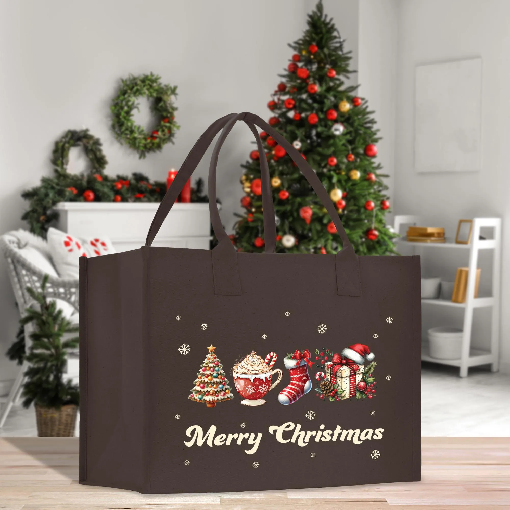 Merry Christmas Cotton Canvas Tote Bag Christmas Present Tote Merry Christmas Themed Bag Xmas Party Bag Merry Christmas Tree Bag (CT1003)