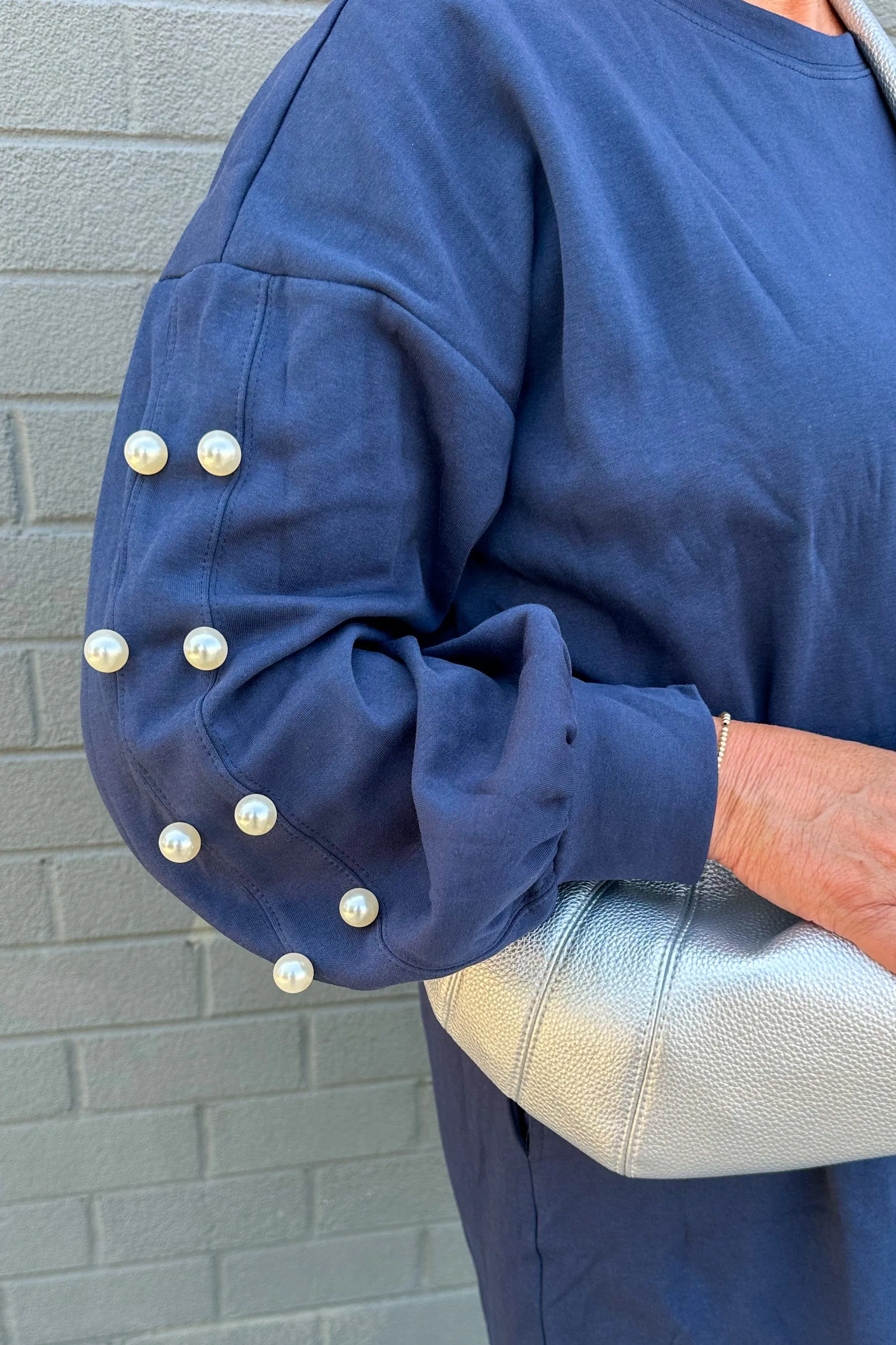 Navy & Pearled Sleeve Dress