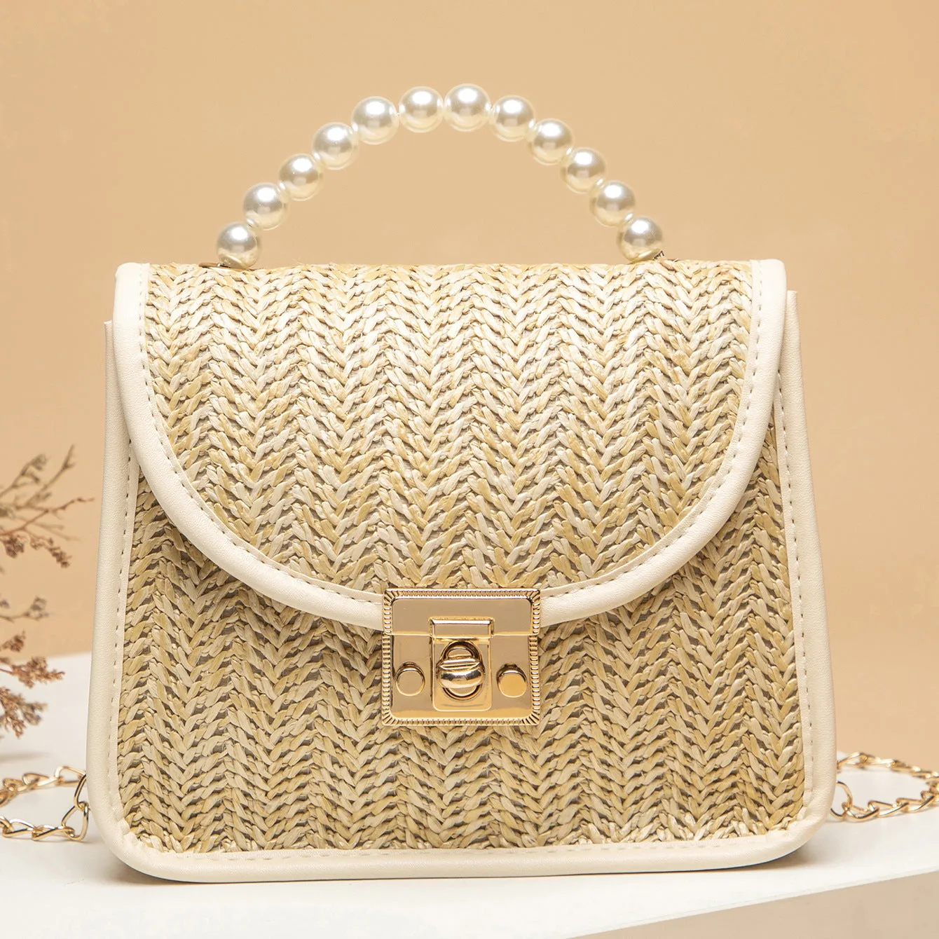 Petit Crossbody Vintage Straw Tote Bag with Pearl Handle & Shoulder Strap