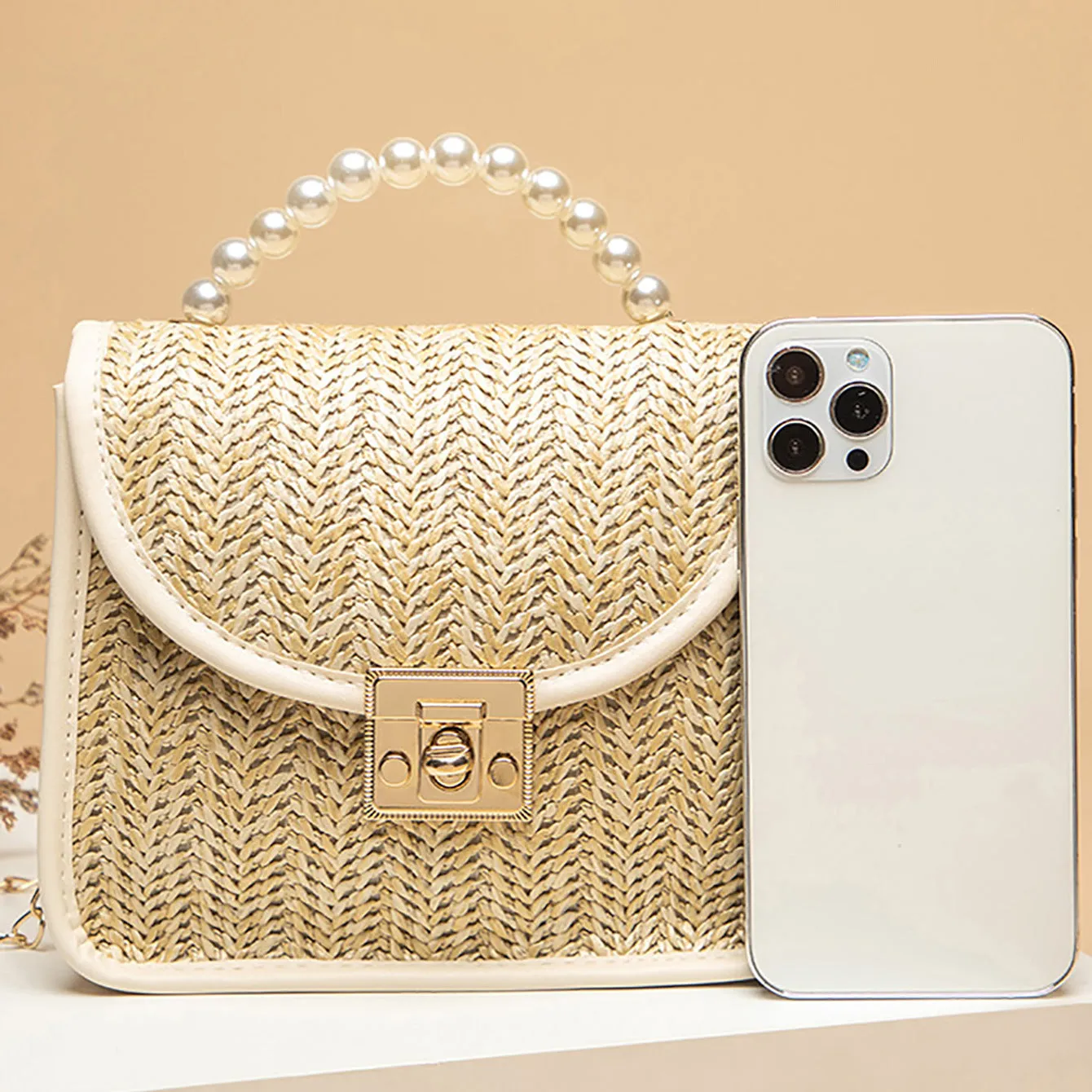 Petit Crossbody Vintage Straw Tote Bag with Pearl Handle & Shoulder Strap