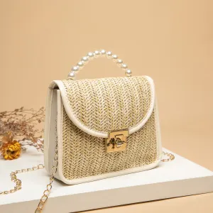 Petit Crossbody Vintage Straw Tote Bag with Pearl Handle & Shoulder Strap