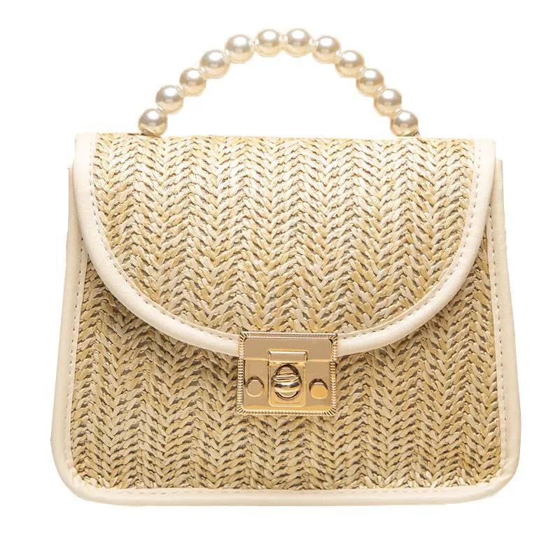 Petit Crossbody Vintage Straw Tote Bag with Pearl Handle & Shoulder Strap