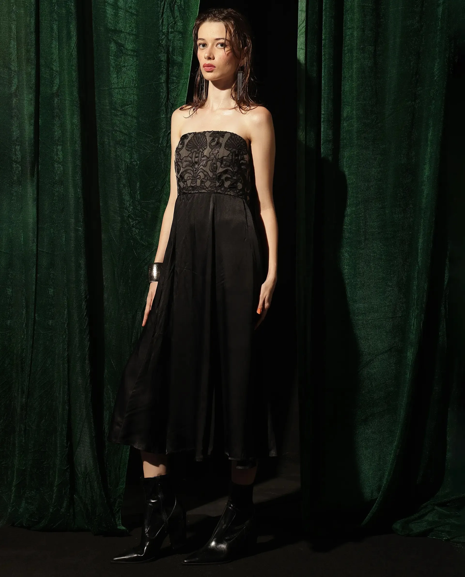 Rareism Women Nizfer Black Satin Sleeveless Tube Neck Zipper Closure Fit And Flare Midi Plain Dress