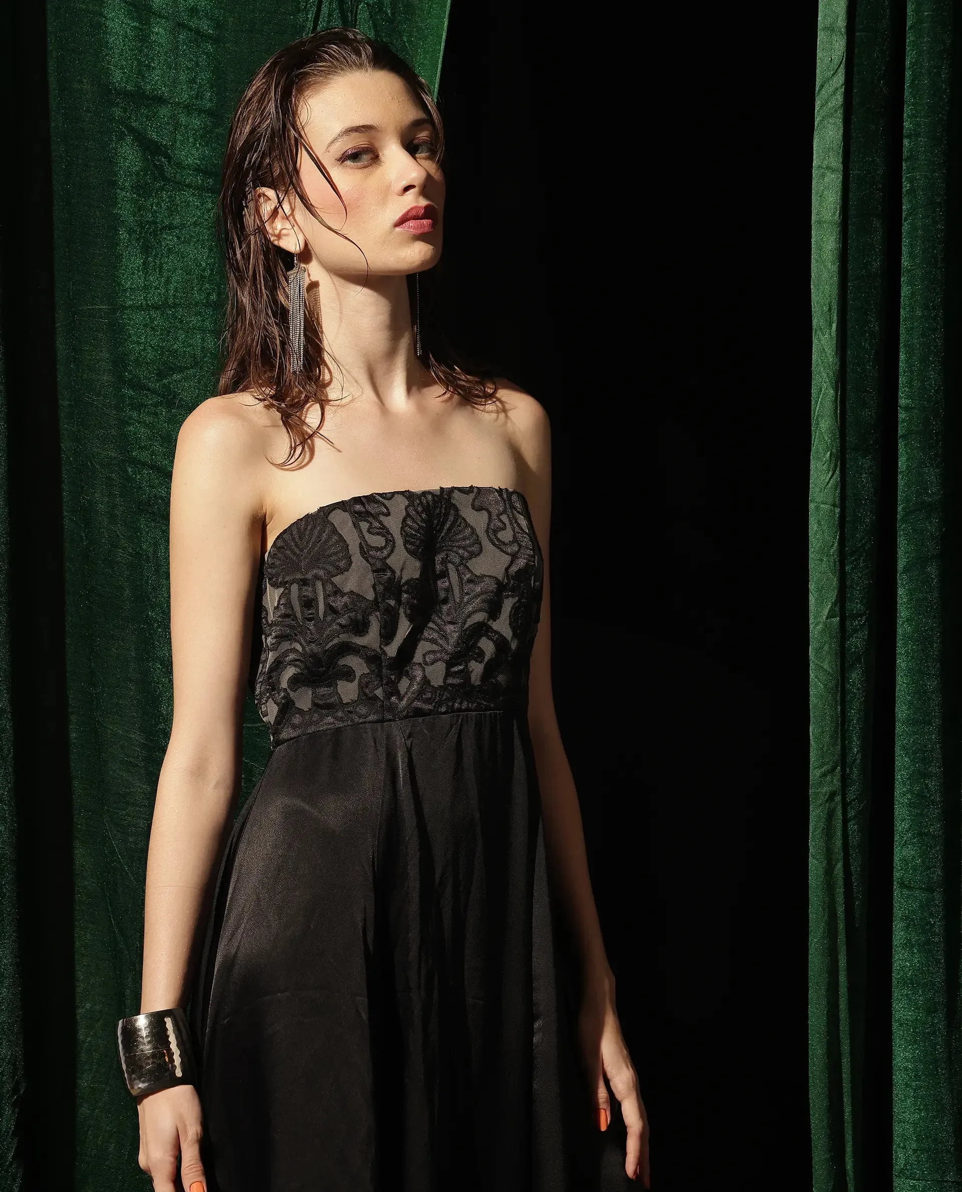 Rareism Women Nizfer Black Satin Sleeveless Tube Neck Zipper Closure Fit And Flare Midi Plain Dress