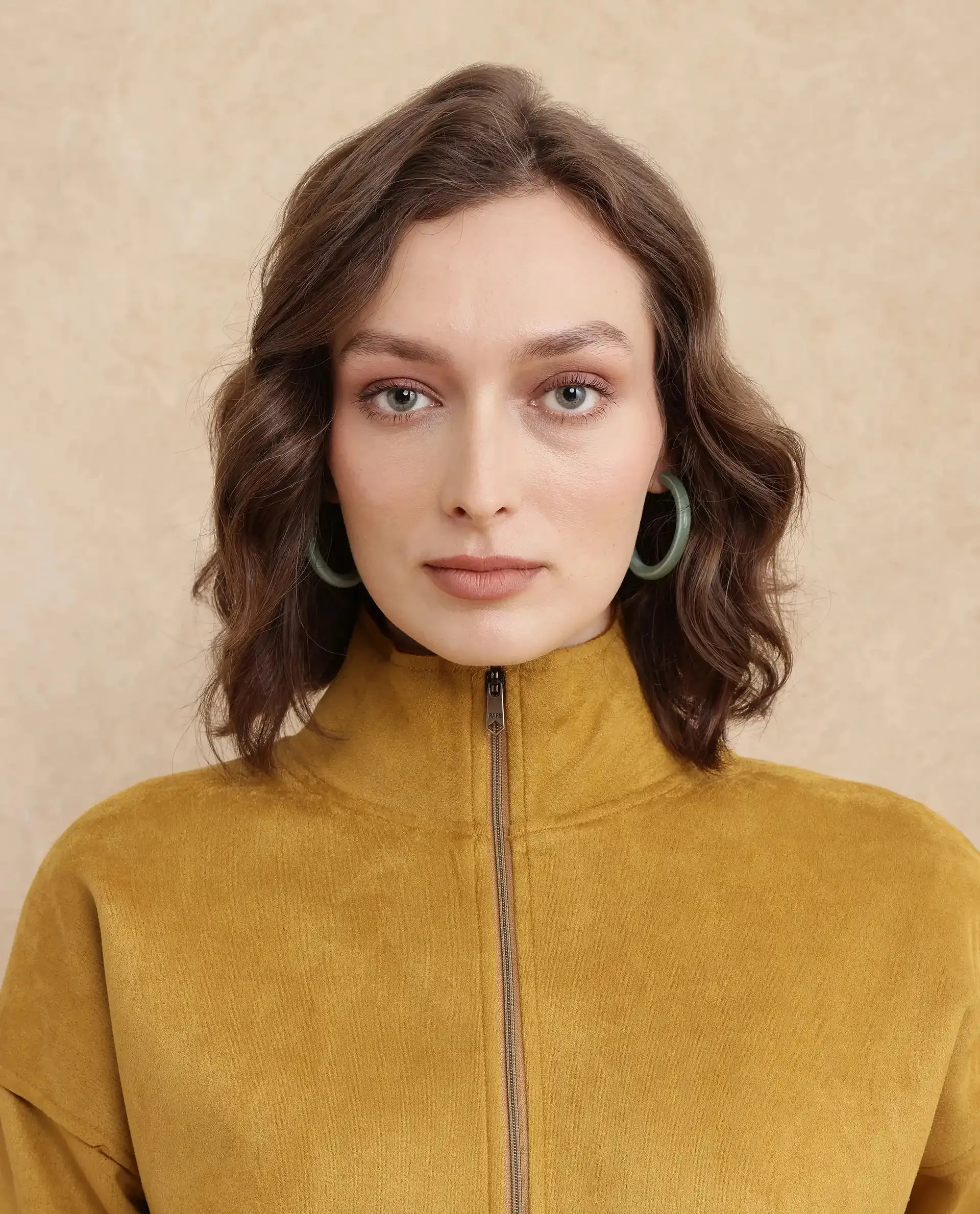 Rareism Women Vasu 2 Mustard Suede 3/4Th Sleeve Stand Collar Zipper Closure Boxy Fit Plain Jacket