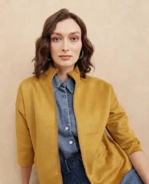 Rareism Women Vasu 2 Mustard Suede 3/4Th Sleeve Stand Collar Zipper Closure Boxy Fit Plain Jacket