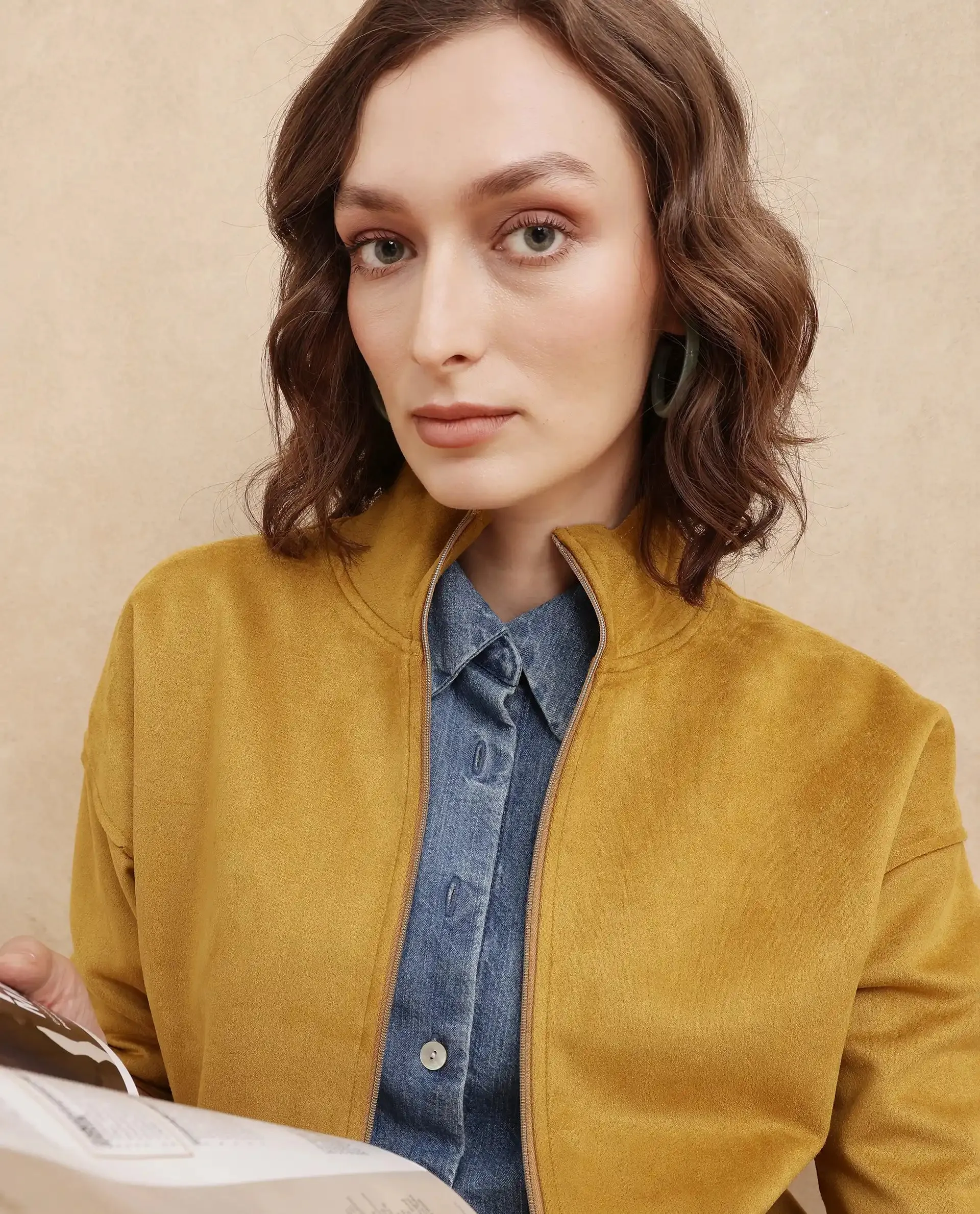 Rareism Women Vasu 2 Mustard Suede 3/4Th Sleeve Stand Collar Zipper Closure Boxy Fit Plain Jacket