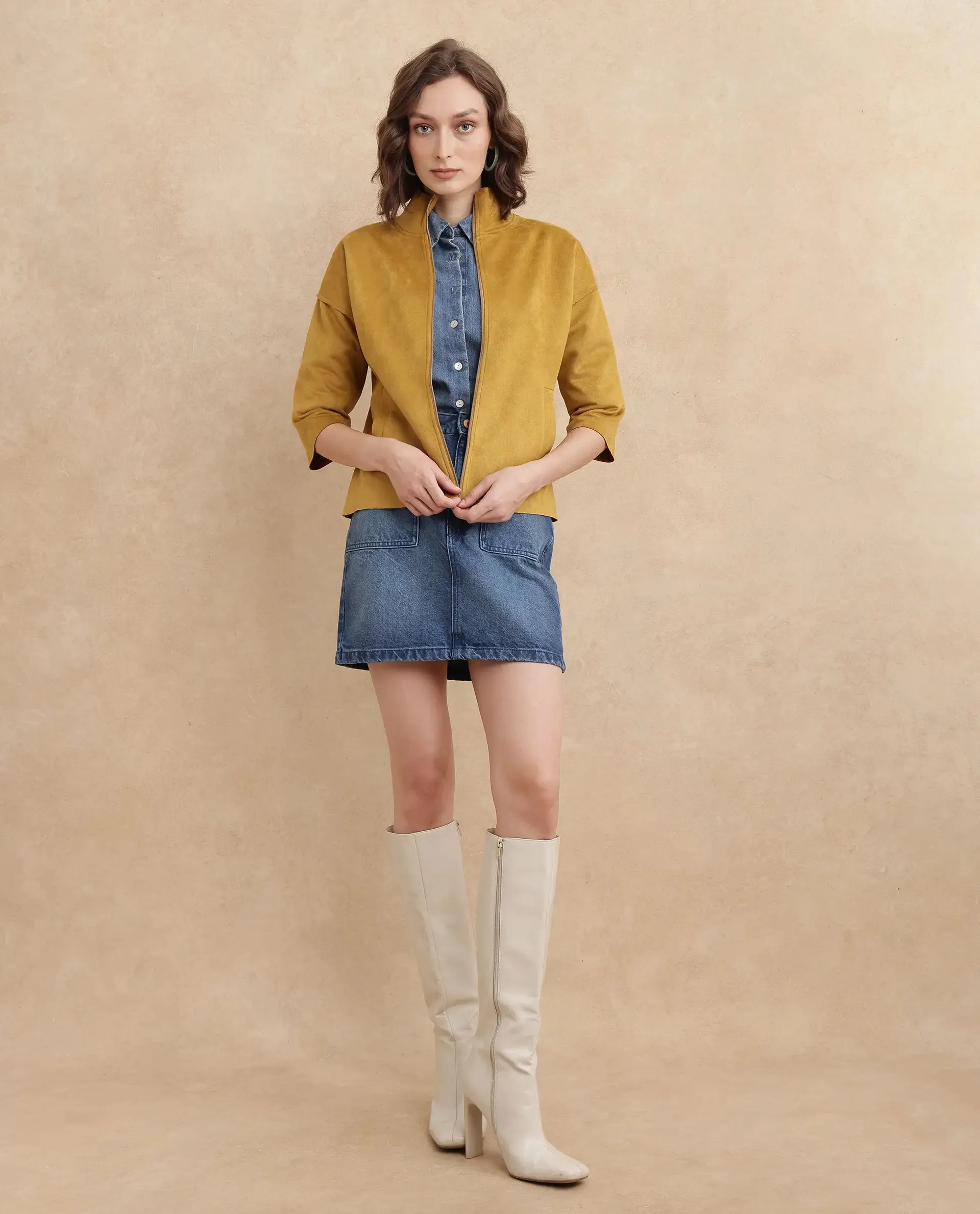 Rareism Women Vasu 2 Mustard Suede 3/4Th Sleeve Stand Collar Zipper Closure Boxy Fit Plain Jacket