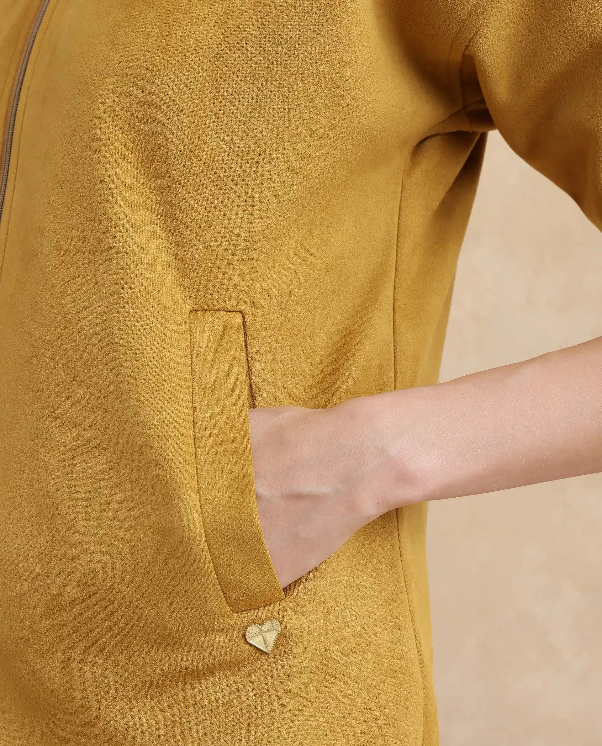 Rareism Women Vasu 2 Mustard Suede 3/4Th Sleeve Stand Collar Zipper Closure Boxy Fit Plain Jacket