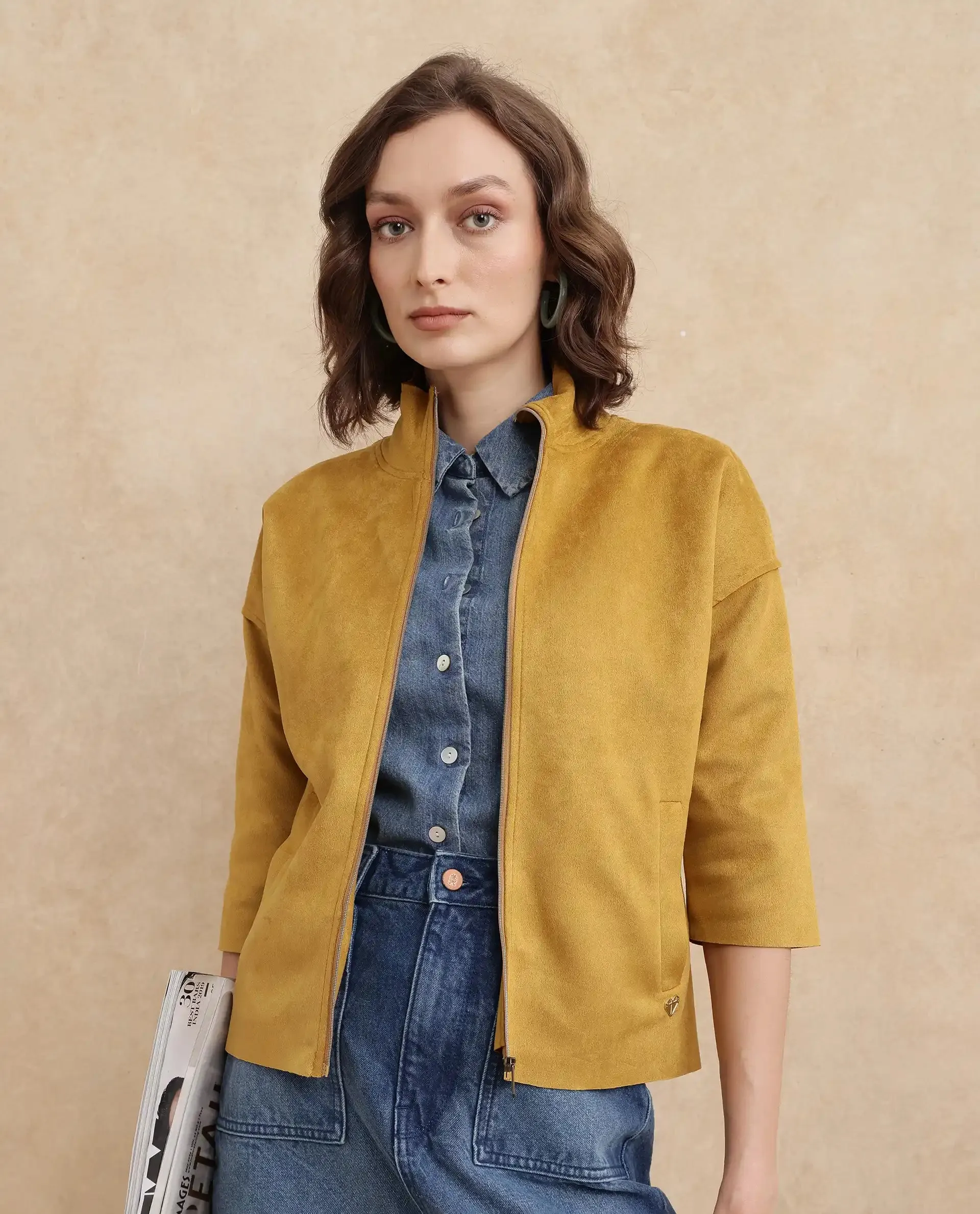 Rareism Women Vasu 2 Mustard Suede 3/4Th Sleeve Stand Collar Zipper Closure Boxy Fit Plain Jacket