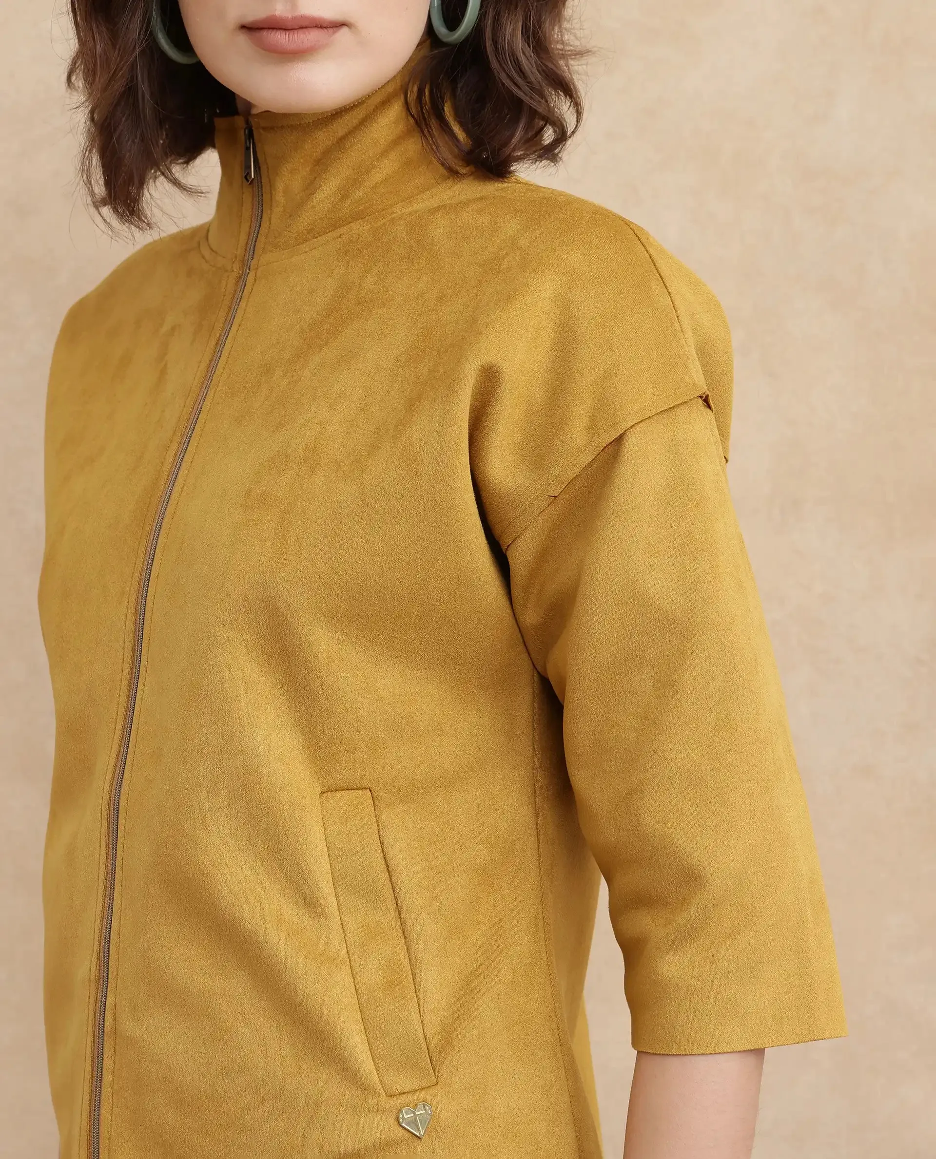 Rareism Women Vasu 2 Mustard Suede 3/4Th Sleeve Stand Collar Zipper Closure Boxy Fit Plain Jacket