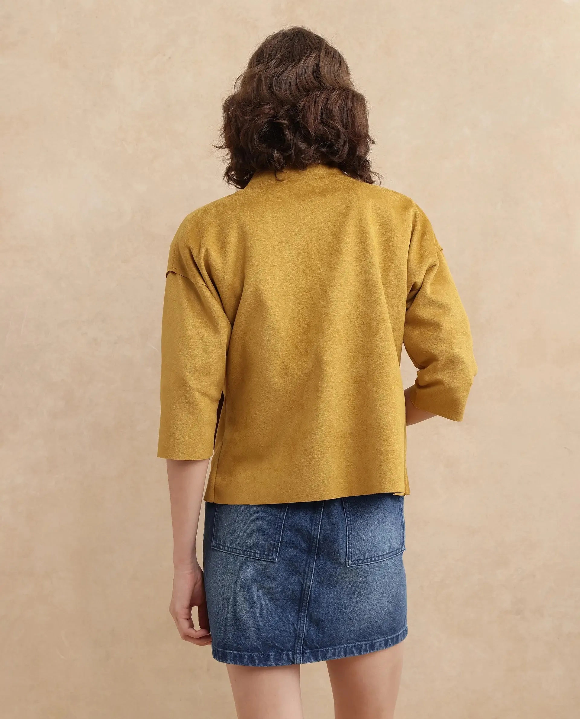 Rareism Women Vasu 2 Mustard Suede 3/4Th Sleeve Stand Collar Zipper Closure Boxy Fit Plain Jacket