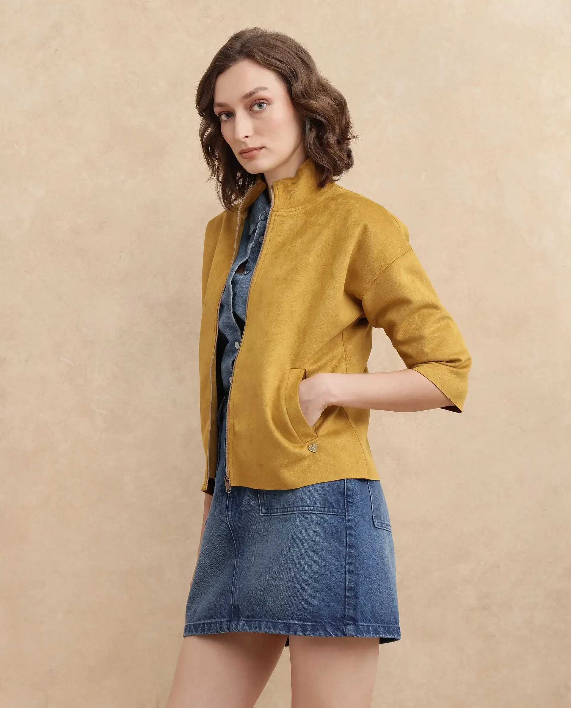 Rareism Women Vasu 2 Mustard Suede 3/4Th Sleeve Stand Collar Zipper Closure Boxy Fit Plain Jacket